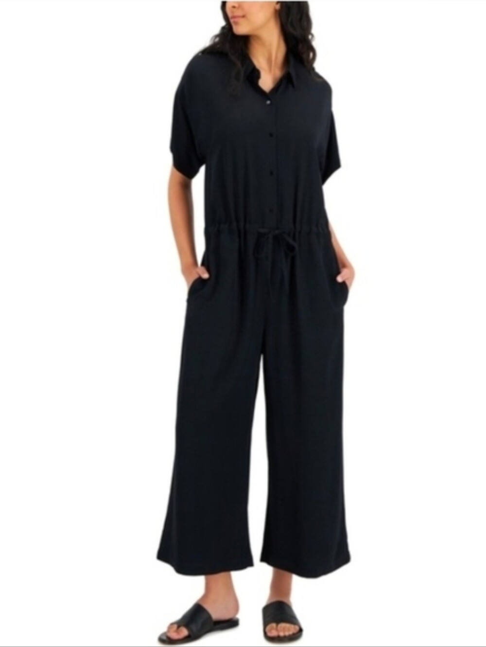 Eileen Fisher Classic Collar Short Sleeve Wide Leg Jumsuit Size XS Tall Black